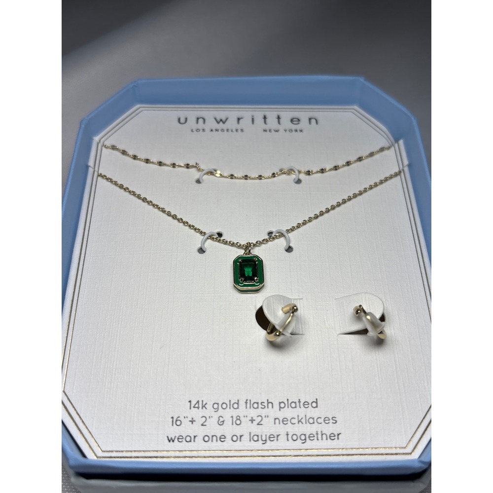 Necklace Set 14k Gold Plated Green Emerald Lobster Clasp New with Tags